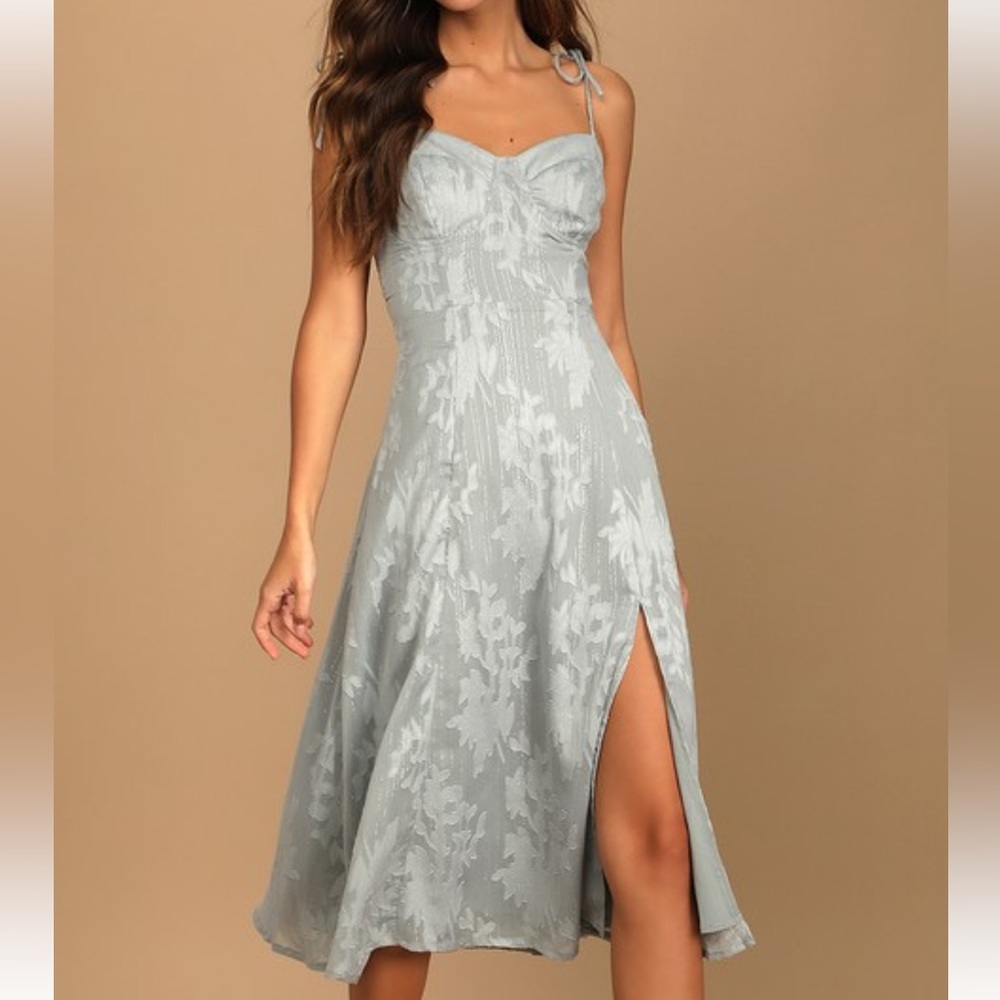 “Loviest Looks Dusty Blue Floral Jacquard Tie Strap midi dress”